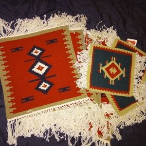 Albanian Woven Vintage Square Placemats Geometric Tapestry Folk Art Kilim